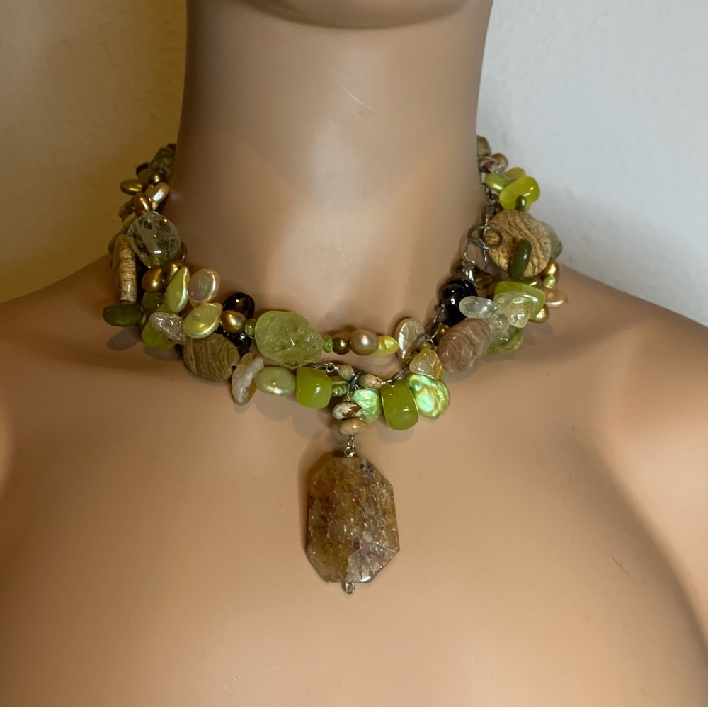 Stunning Sterling Honey & Green Jade, Jasper, Quartz, Biwa & FW Pearl Necklace